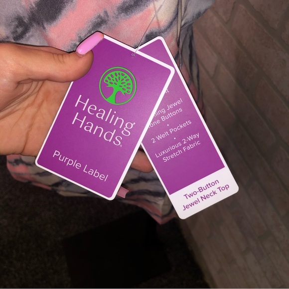 Healing Hands Purple Label Two Button Jewel Neck tie-dye scrub top - Picture 5 of 11